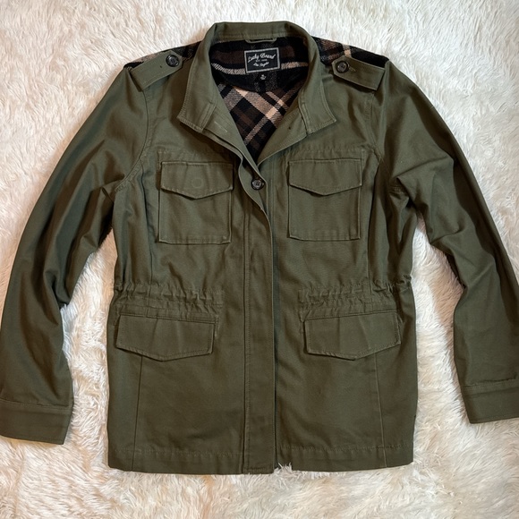 Lucky Brand Olive Utility Jacket with Fall Plaid Inset Back - Size XL EUC - Picture 2 of 4